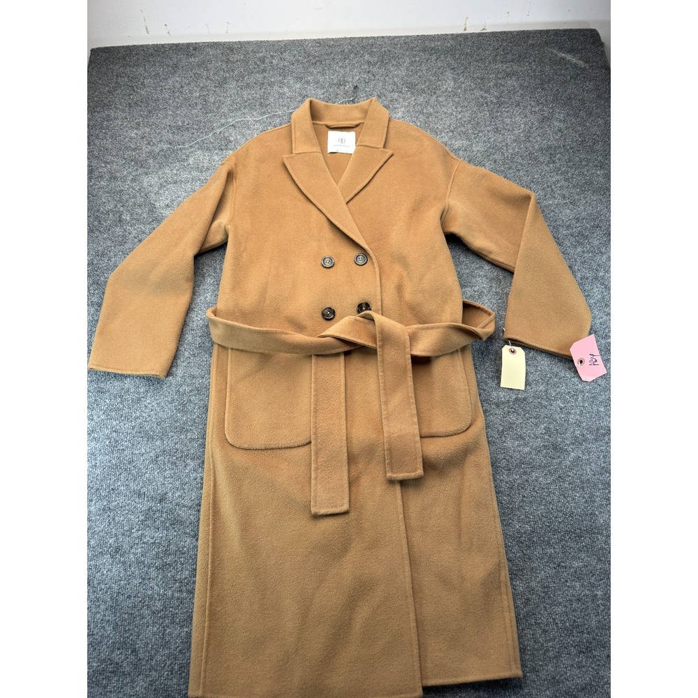 Anine Bing Trench Coat Womens L Camel Brown Tie Waist Double Breasted Minimalist
